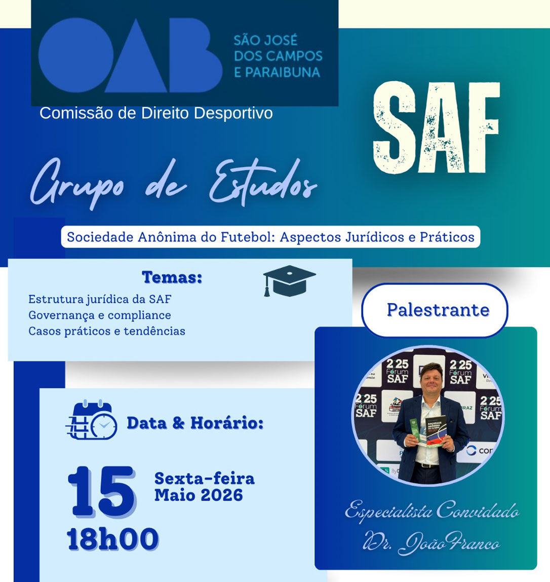 Comissão de Direito Desportivo da OAB de São José dos Campos promove grupo de estudos sobre SAFs